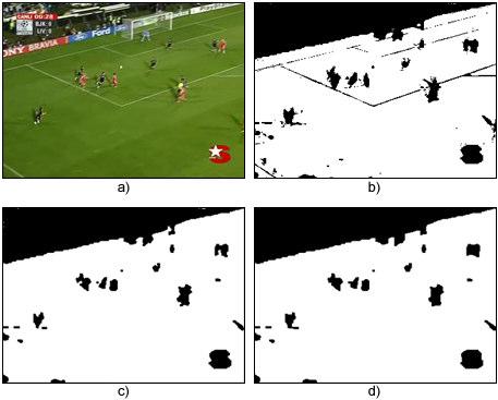 27 Video kareleri üzerinde futbol sahası çizgilerinin tespit edilmesi için çim piksel olan ve çim piksel olmayan alanların ikili modda iaretlenmi olduu resim kullanılmıtır.