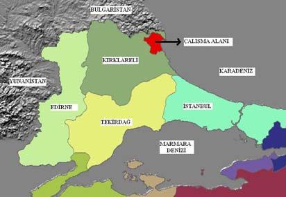 1 Coğrafi konum Çalışma alanı, Türkiye Bulgaristan sınırında, Trakya Bölgesi nin kuzey doğusunda, Kırklareli İli ne bağlı Demirköy ilçesi sınırlarında ve güney ve batısında en yüksek yeri 1035 m.
