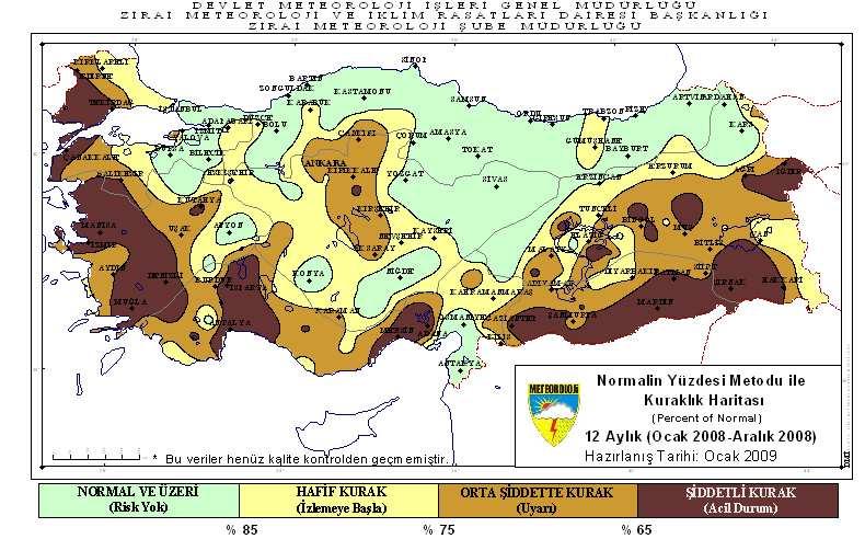 SPI Metodu ile yapılan kuraklık değerlendirmesinde yurdumuzda Marmara nın doğusu, Batı ve Orta Karadeniz Bölümleri, İç Anadolu nun doğusu, Doğu Anadolu nun kuzeydoğusu ile İç Anadolu ve Ege Bölgesi