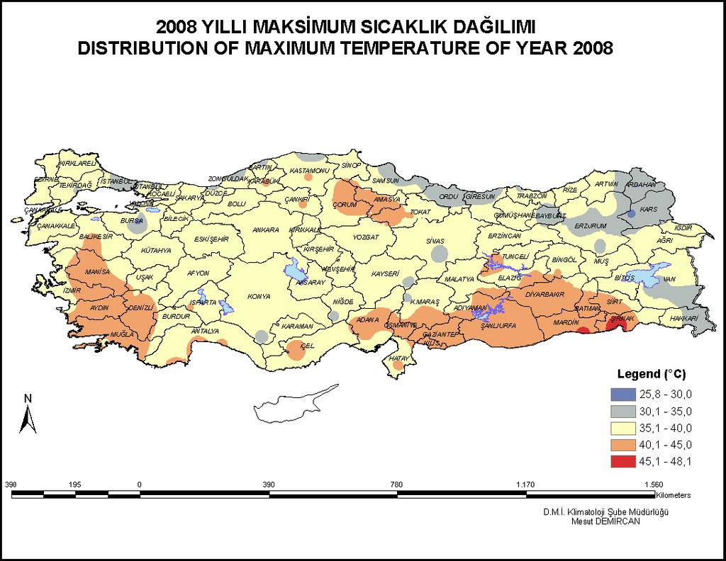 2008 yılı ekstrem sıcaklık değerlendirmesi: Türkiye genelinde ekstrem maksimum sıcaklıklar uzun yıllık ekstrem maksimum sıcaklıkların altında ve ekstrem minimum sıcaklıklar uzun yıllık ekstrem