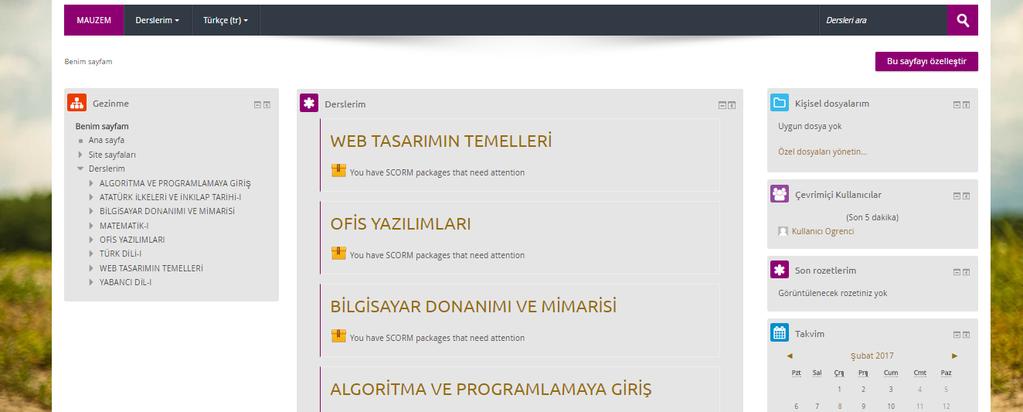 Resim 16- Derslerin Görüntülenmesi Derse ait sayfada, forum, ders içerikleri, ders tanıtım