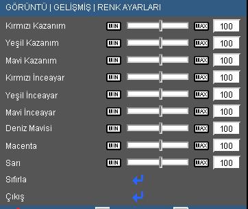 Kullanıcı Kontrolleri GÖRÜNTÜ GELİŞMİŞ Renk ayarları Renk ayarları Bireysel Kırmızı, Yeşil, Mavi, Deniz Mavisi, Macenta ve Sarı Renklerin