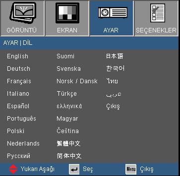Kullanıcı Kontrolleri AYAR DİL Dil Çok dilli OSD menüsünü seçin.
