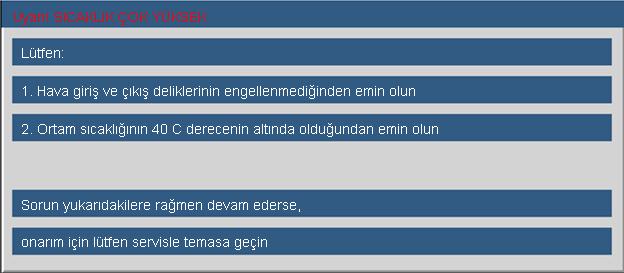 Ekler Ekran Üzeri Mesajlar Sıcaklık Uyarısı: Fan arızalıdır: Lamba Uyarısı: Görüntü kapsamı dışında: Uzaktan Kumanda Sorunları