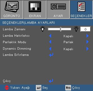 Kullanıcı Kontrolleri SEÇENEKLER Lamba Ayarları Ortam sıcaklığı çalışma sırasında 40 C üzerinde olduğunda, projektör otomatik olarak Ekonomik ya geçecektir. Lamba Zamanı Yansıtma zamanını gösterir.