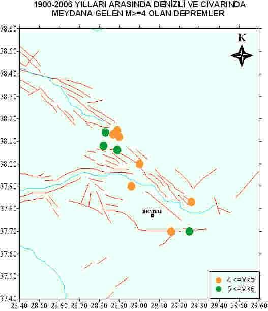 Tablo 2.2 Denizli ve yakın çevresinde 1900-2006 yılları arsında olan M>=4 depremlerin listesi Şekil 2.