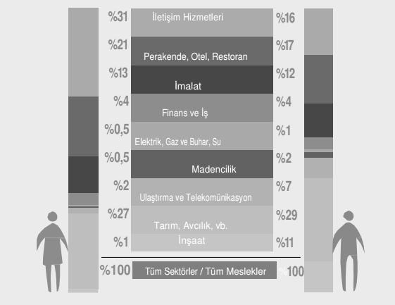 21 Kadınların istihdam edildikleri işlerin niteliği incelenecek olursa, Uluslararası Çalışma Örgütü (2010) verilerine göre, kadın ve erkeklerin istihdam edildikleri sektörlere göre dağılımı aşağıdaki