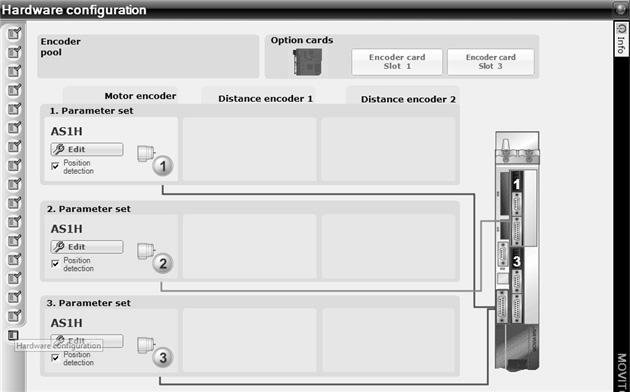 5 I 0 Devreye alma Devreye alma MOVIAXIS çok motorlu işletme 2557639307 Enkoder 1'de parametre seti 1 için "Position detection" ayarlanmalıdır Enkoder 2'de parametre seti 2 için "Position detection"