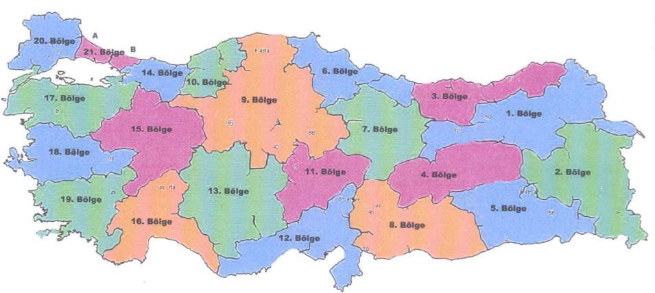 37 1. Bölge ( Erzurum- Erzincan- Kars- Bayburt- Ardahan- Iğdır) 12. Bölge ( Adana- Hatay- Osmaniye- Mersin) 2. Bölge ( Van- Ağrı- Bitlis- Hakkari- Muş) 13. Bölge ( Konya- Karaman- Aksaray) 3.