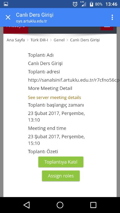 ekranı çıkmaktadır. butonuna tıklayarak Adobe Connect Canlı Sınıfa katılabilirsiniz.