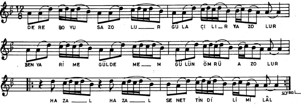 Ezginin melodik cümlesi 4/4 lük değerde notalanmış ve sözel cümlede bu yapıya uydurulmuştur. Oysa müzik cümlesi kendini 4/4 lükte değil; 2/4 lükte göstermekte ve anlam kazanmaktadır.