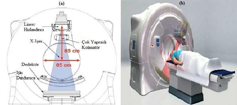 18 Şekil 3.1. (a) Tomoterapi tasarımı (b) Tomoterapi lineer hızlandırıcının genel görünümü Cihaz sadece yoğunluk ayarlı radyoterapi yapmak için üretildiğinden ışın yoğunluğunu ayarlayan filtre kullanılmamıştır.