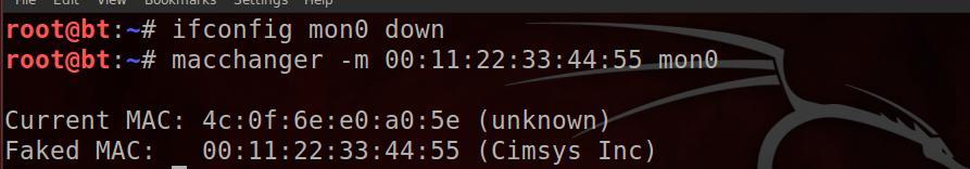 53 Komut 1 : ifconfig, macchanger MAC Adresini macchanger komutu ile değiştirmek için ifconfig down komutuyla, kullandığımız wlan arayüzü üzerinde sistem, mesaj