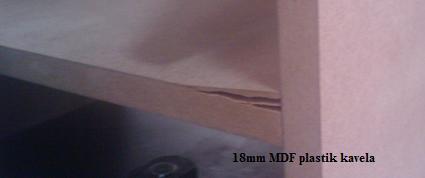 16 mm MDF örneklerde, deneyin ilerleyen sürecinde plastik kavelanın kırılma anına kadar yatay elemanın katman şeklinde 60-80 mm genişliginde kuvvetin ters yönüne doğru yarılarak kalktığı (Şekil 4c),