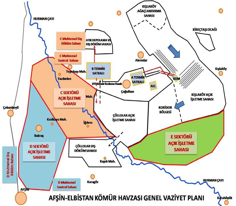 santral ve maden sahasının her birinde inşaat döneminde 7500 kişi, işletme döneminde 4250 kişiye istihdam sağlanması öngörülmektedir. Şekil 5: Afşin-Elbistan Kömür Havzası Genel Vaziyet Planı, 2009.