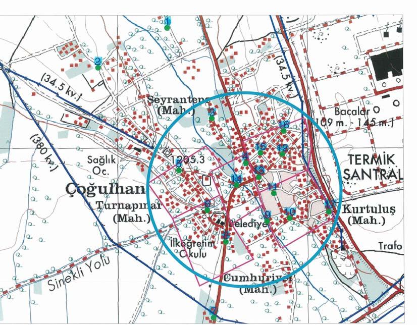 Şekil 6: Çoğulhan Beldesi Ölçüm Koridorları YGH EM Alan Ölçüm Çemberi Ölçüm Koridoru Haneler 3.