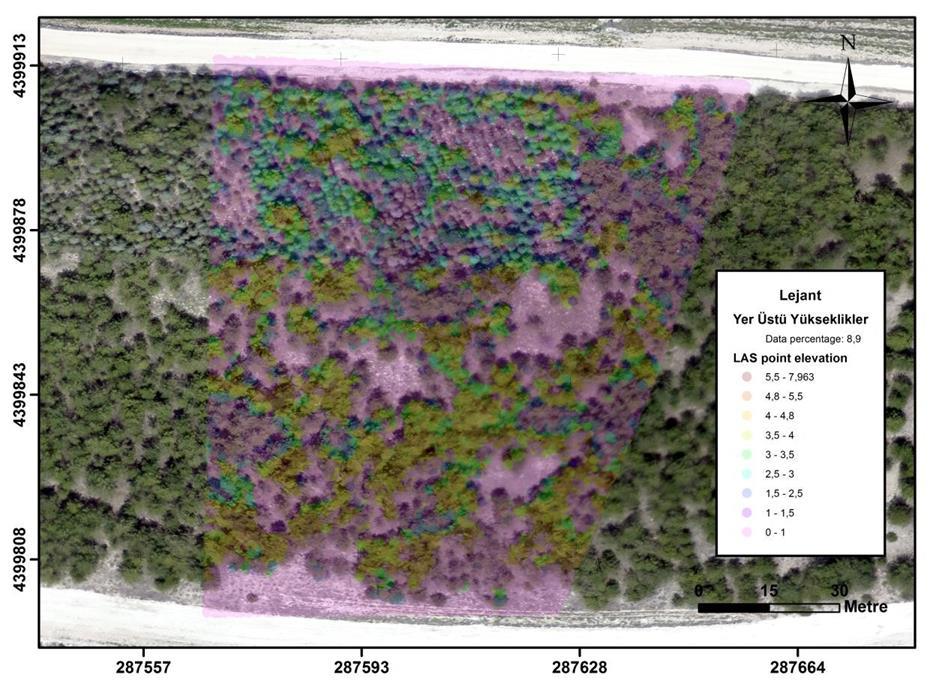 sınıflandırılmıştır. Yer noktalarından yola çıkılarak arazinin çıplak topoğrafyasını simgeleyen SAM i üretilmiştir.