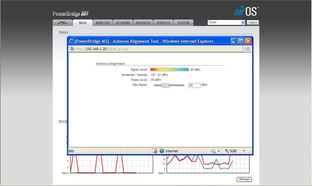 92 Resim 7.16. PowerBridge M5 sistem ayarları Antenin sinyal seviyesi değişken olarak Resim 7.17 de görülmektedir.