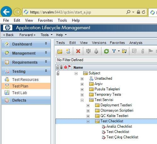 gereken kısım varsa analiste hata girer yoksa daha önce yazmış olduğu senaryolarını kontrol eder ve senaryolarını tamamlar. Şekil 2. QC ALM ve Test Kontrol Listeleri statüsüne çeker.