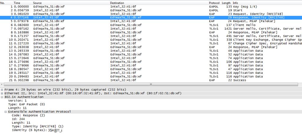 47 Şekil 5.3. Şifreli kimlik bilgisi taşıyan EAP-Cevap paketi Şekil 5.3 te kimlik bilgisinin istenen şifreleme anahtarıyla şifrelendiği görülmektedir.
