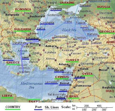 küçüklü 25 den fazla liman yer almaktadır. Bunlardan Karadeniz de üç liman, Akdeniz, Ege ve Marmara da toplam dokuz liman öne plana çıkmaktadır. Şekil 2.18: Türkiye ve Çevresindeki Limanlar Tablo 2.3.