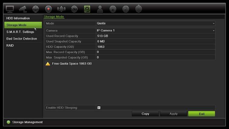 Bölüm 15: Depolama yönetimi Kameranın HDD kotasını ayarlamak için: 1. Menü araç çubuğundan Depolama Alanı Yönetimi > Depolama Modu nu tıklayın. 2.