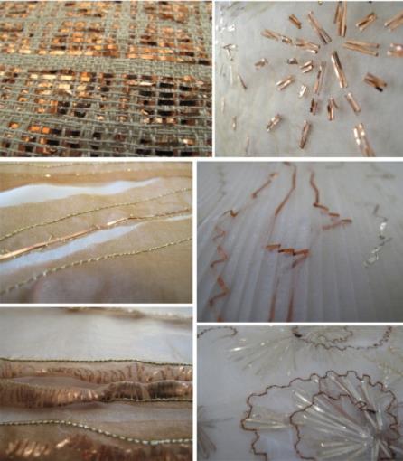 Tel Kırma tekniğinden esinlenilerek geliştirilen kumaş tasarımları (MSGSÜ-Tekstil ve Moda Tasarımı Bölümü Arşivi) Çözgü ve atkı ipliklerinin arasında dizilen yassı telin ard arda gelerek oluşturduğu