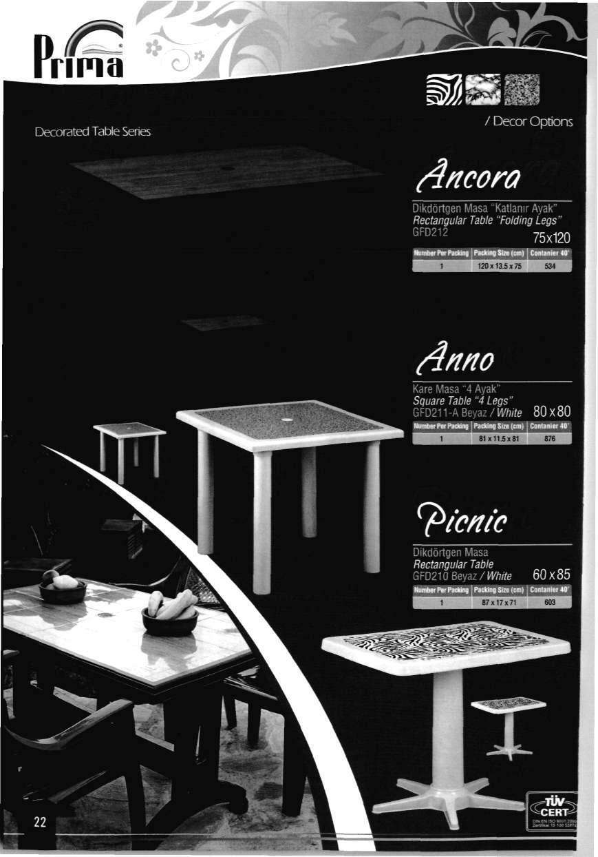 Decorated Table Series rfncora / Decor Options Dikdortgen Masa "Katlanir Ayak Rectangular Table "Folding Legs" GFD212 75x120 120x13.