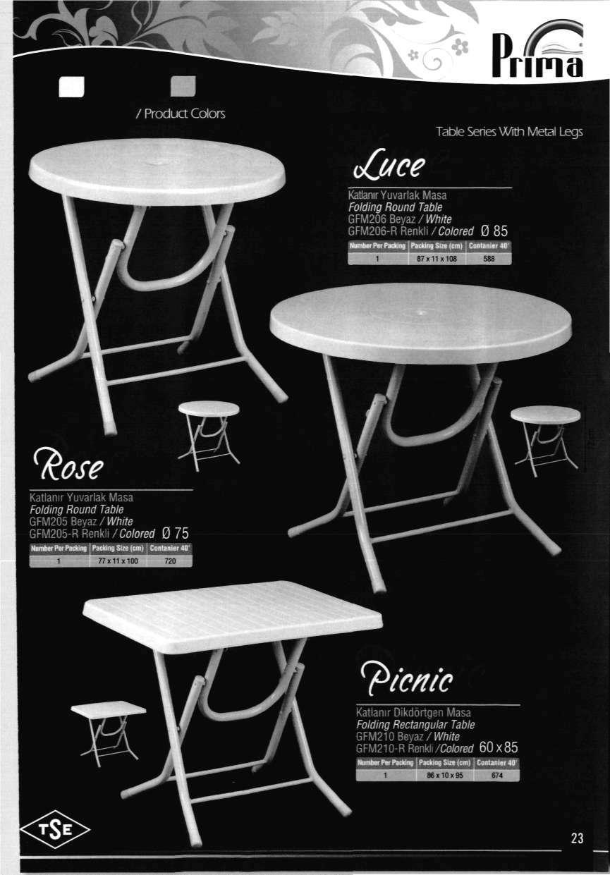 / Product Colors cqtce Table Series With Metal Legs KatlanirYuvarlakMasa Folding Round Table GFM206 Beyaz / White GFM206-R Renkli /Colored 0 85 1 м м н Ы 1 и ш и 87x11x108 588 Hose 1 m Katlanir