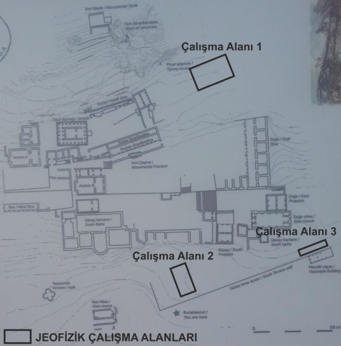 Şekil-4 Çalışma alanı ve Labraunda Antik Kenti Krokisi Elektrik ölçülerinden elde edilen verilerin değerlendirilmesinde ters çözüm teknikleri kullanılmıştır.