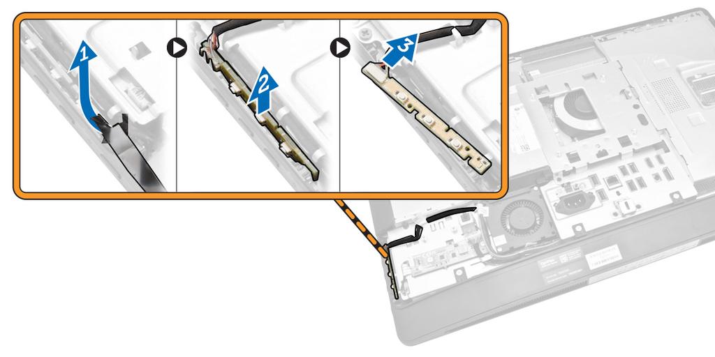 Güç ve OSD Düğmeleri Kartını Takma 1. Güç ve OSD düğmeleri kartını yuvasına takın ve sabitlemek için bantlayın. 2. Kabloyu güç ve OSD düğmeleri kartına bağlayın. 3. Şunları takın: a. arka kapak b.