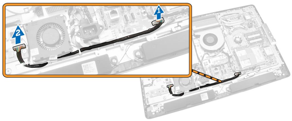 4. Aşağıdaki adımları çizimde de gösterildiği şekilde gerçekleştirin: a. Ekran arka ışığı kablosunu dönüştürücü kartındaki konnektörlerden ayırın [1]. b.