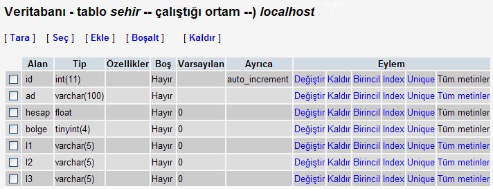 61 5.3.6. Şehir Veritabanında hesaplama işlemlerinin yapılmasında önemli değişkenlerin tutulduğu bir başka yerde şehir tablosudur.