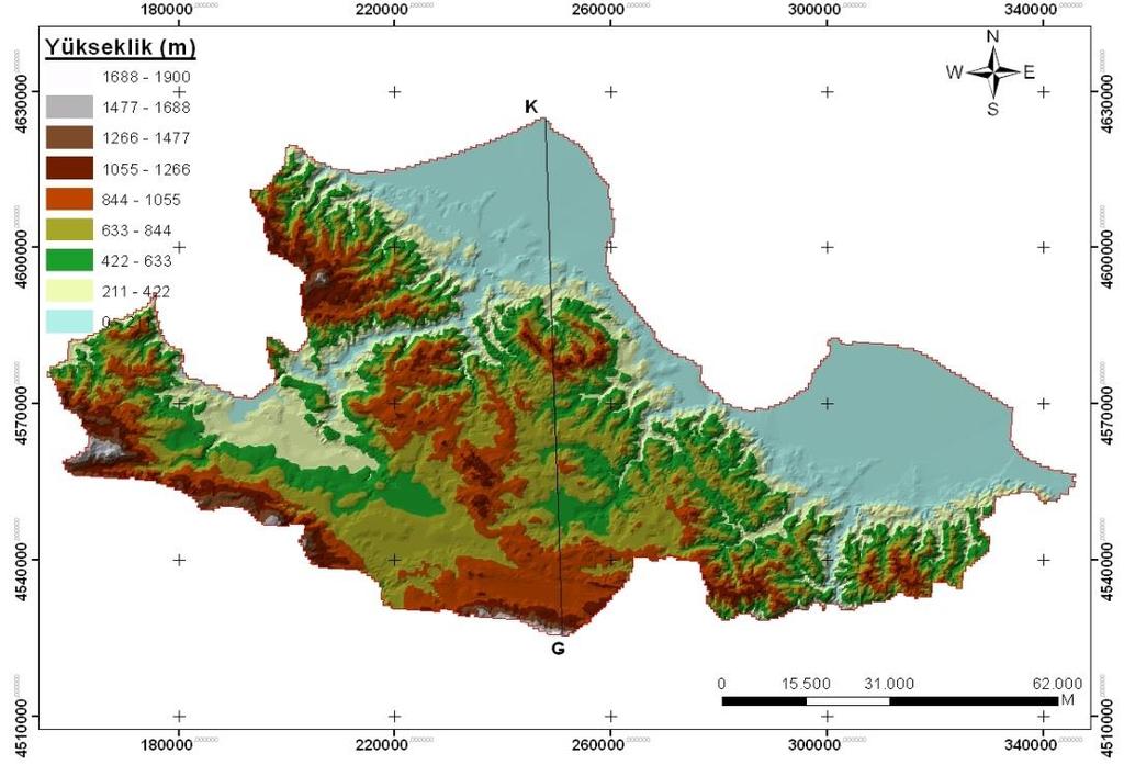 Güney -G Canik Dağları Bafra Ovası Kuzey-K Şekil 2. Samsun İli yükseklik dağılım haritası ve topografik kesit seviyesinden yüksekliği 0-19