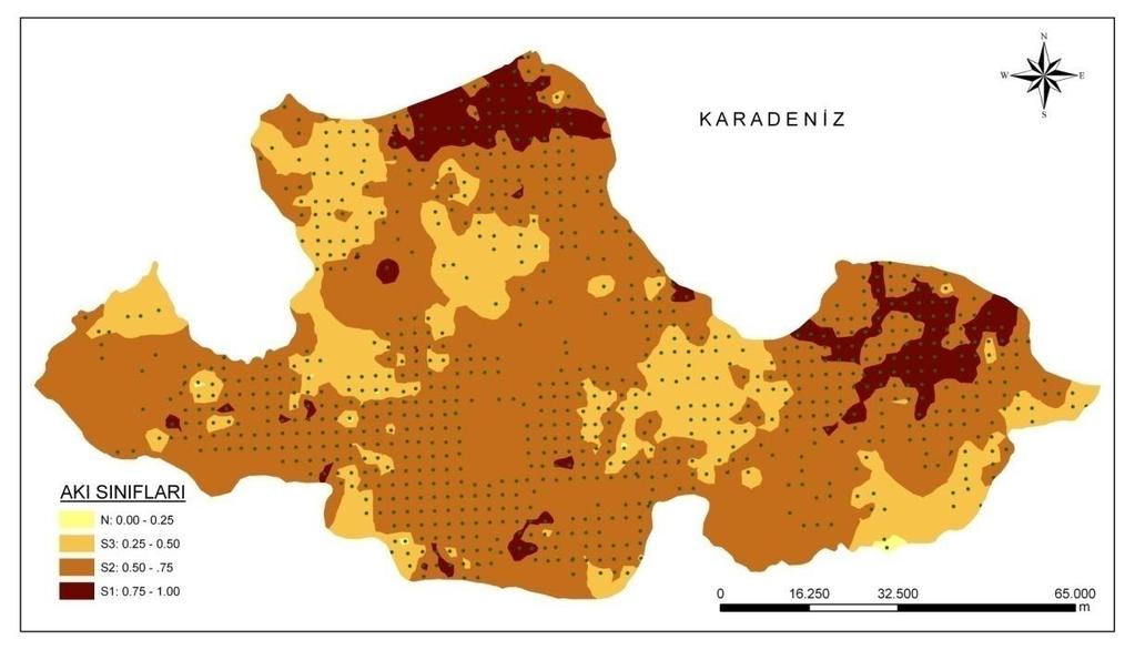 Şekil 5. AKI sınıflarına ait dağılım haritası Çizelge 7. Varyans analizi sonuçları Değişim kaynağı S. D. Kareler toplamı Kareler ortalaması F P Ana etkiler 4 1.5260 0.3815 416.650 0.000 A 1 0.5698 0.