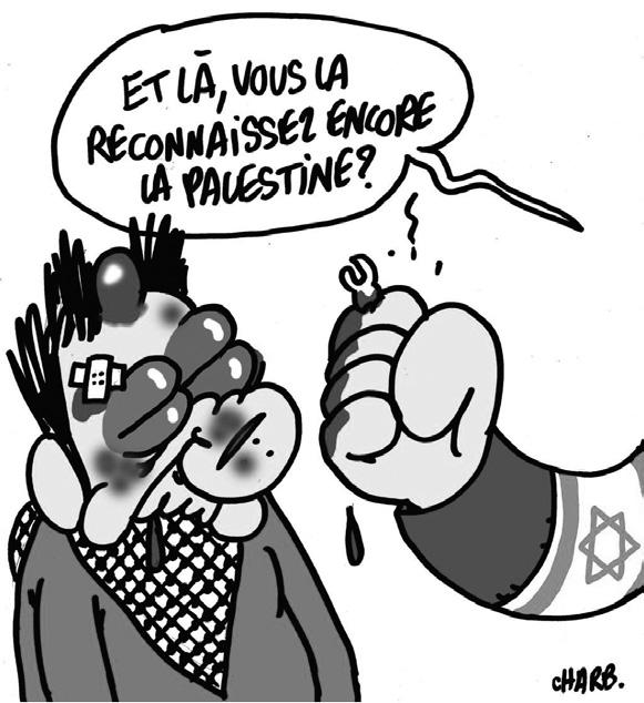 4 Ekim 2000 tarihli 433. Charlie Hebdo sayısının (yine Sourisseau tarafından çizilen) Filistin de Noel başlıklı kapağı bu çerçevede bir örnek. Kapak, Noel için hediye seçenekleri öneriyor.
