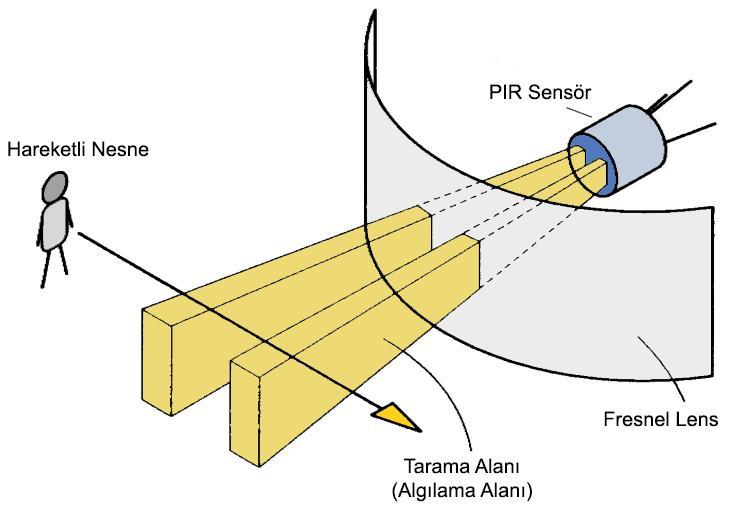 PIR sensörünün yaydığı kızılötesi sinyalin tarama alanına giren canlılar, yansıyan sinyallerin PIR sensörü tarafından algılanması ile tespit