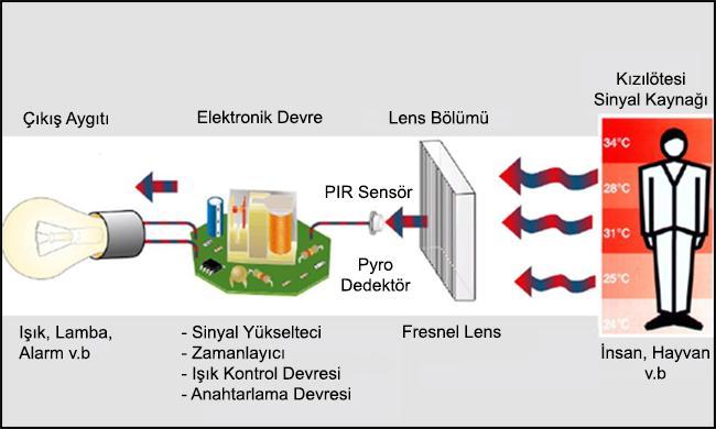 PIR Sensörünün Çalışma Prensibi 32 İnsanlar, hayvanlar v.b hareket eden canlılar, hareket ettiklerinde ortamda bir sıcaklık farkı oluştururlar ve etrafa kızılötesi ışınlar yayarlar.