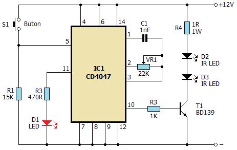 Infrared Diyot Uygulama Devreleri - II 70 Şekilde, CMOS CD4047 multivibratör entegresi ve Kızılötesi (IR) verici diyotları kullanılarak yapılmış verici devresi görülmektedir.