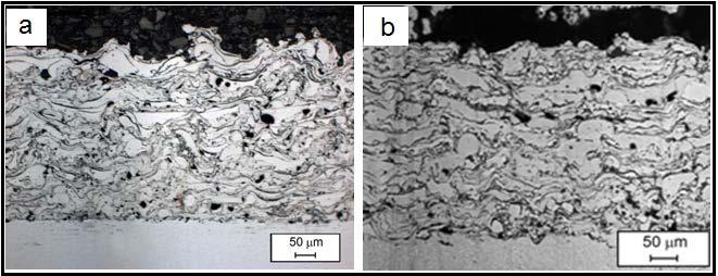 gerçekleştirilmiş olup mikroyapı görüntüleri Şekil 3 de verilmektedir. Şekil 3. a) 13 Cr lu çelik kaplama mikroyapısı, b) FeCrCMn esaslı özlü tel kaplama mikroyapısı.