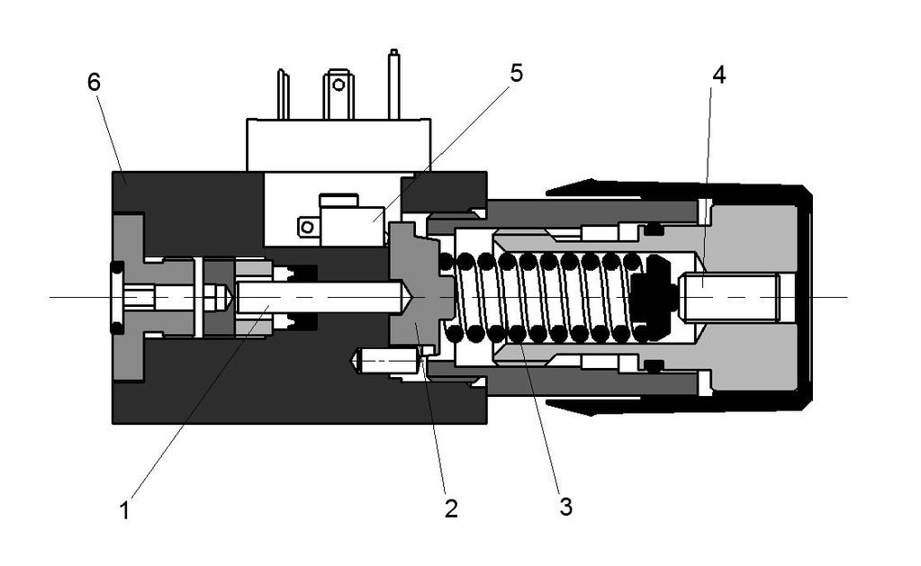 İşlev - Bölümler - Sembol Elektro-Hidrolik Basınç Şarteli LP1 A1 modeli Pistonlu tip Basınç Şarteli Piston (1) Baskı Parçası (2) Baskı Yayı (3) Çalışma Basınçı Ayar Vidası (4) Micro Switch (5) Yüksek