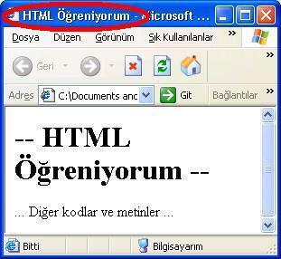 Basit bir HTML sayfası <html> <head> <title>html Öğreniyorum</title> </head>