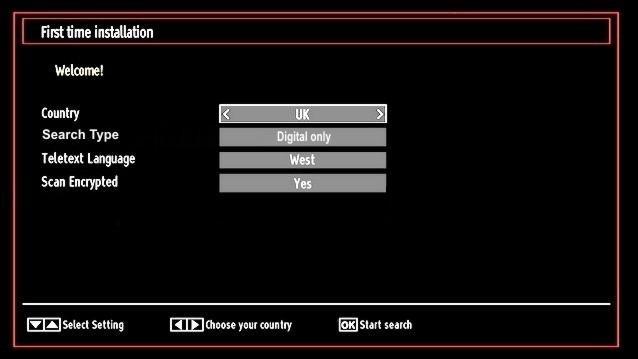 First, the language selection screen will be displayed: Press OK button on the remote control to continue and the following message will be displayed on the screen: To select the Yes or No option,