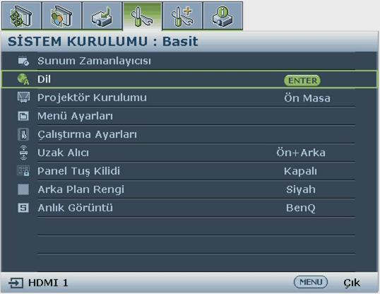 Menülerin kullanımı Projektörün, çeşitli ayarların yapılmasını sağlayan Ekrandan Kumanda (OSD) menüleri vardır. Aşağıda OSD menüsü gösterilmiştir.