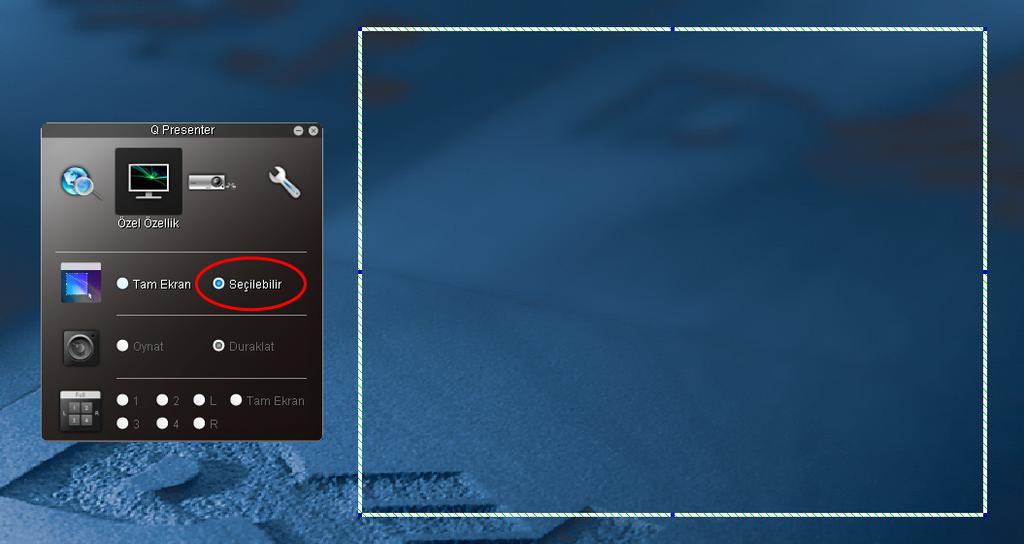 i. Tam Ekran: tüm görüntü projektörde gösterilir. Seçilebilir: bir kare çıkar ve ardından izleyiciye göstermek istediğiniz alanı sürükleyip bırakabilirsiniz. ii.
