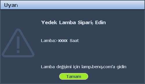 Lamba değiştirme zamanı LAMBA gösterge ışığı kırmızı yanarsa ve lambayı değiştirme zamanının geldiğini gösteren bir mesaj görünürse lütfen yeni bir lamba takın veya yetkili satıcınızla temasa geçin.