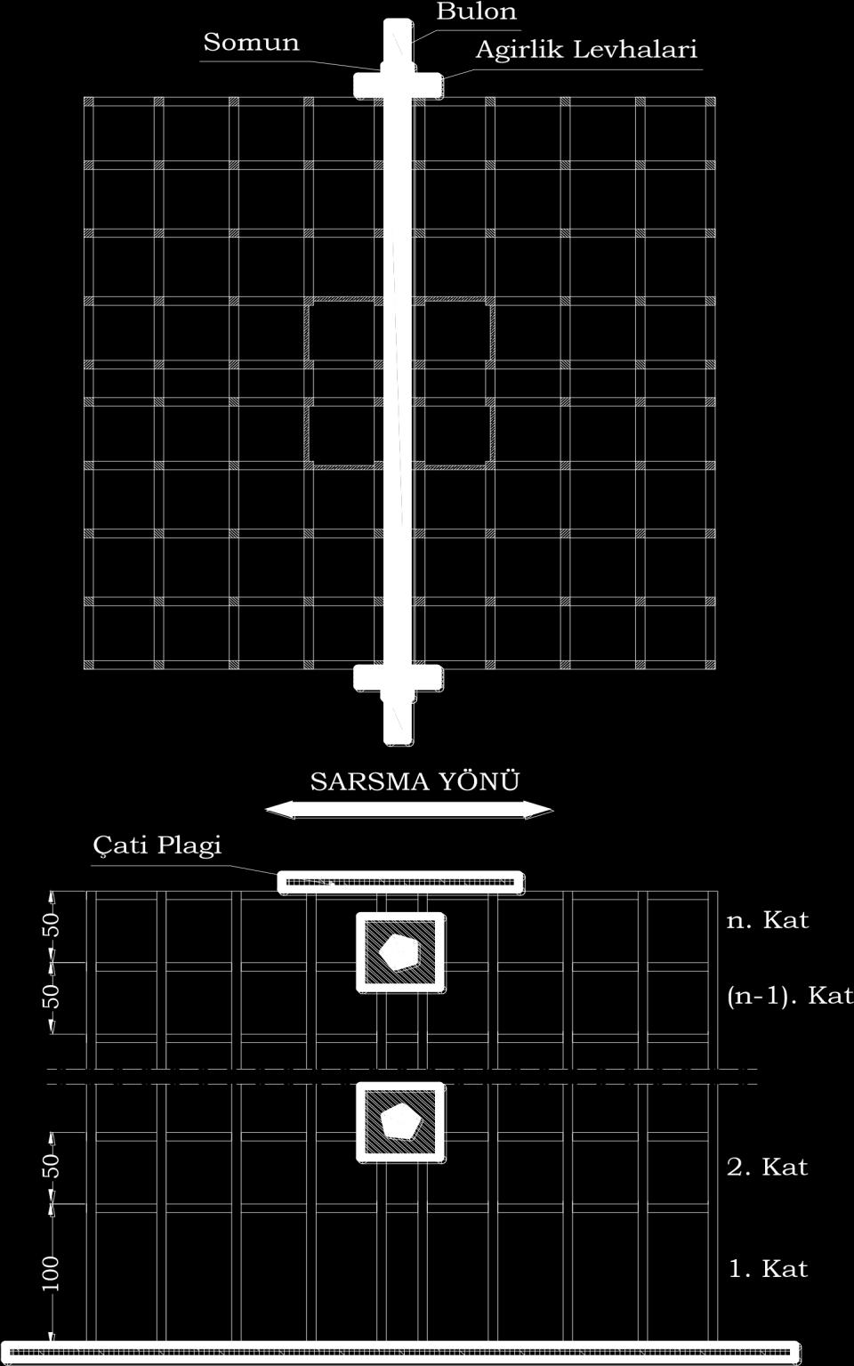 yerleşimi: Plan (üst) ve kesit (alt)