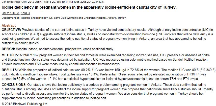 İyot eksikliği hala devam eden bir sağlık sorunudur Ankara da, 2. trimesterdeki 162 gebede yapılan çalışmada medyan üriner iyot konsantrasyonu 80.