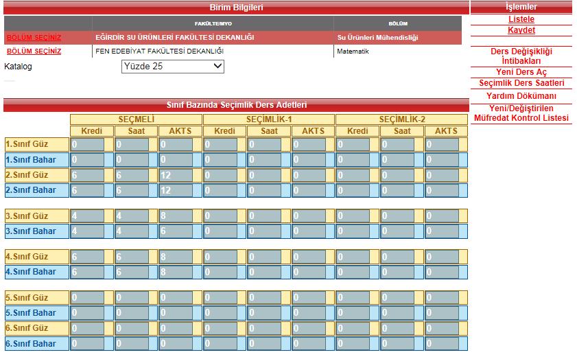 4. SEÇMELİ DERS SAATLERİ Bir bölüm/programın her yarıyıl 30 AKTS ders kredisi toplamını sistemin hesaplayabilmesi için Seçmeli, Seçimlik-1 ve Seçimlik-2 gruplarından kaçar kredi, saat ve AKTS ders