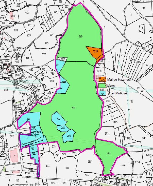 5 4 ARAZİ KULLANIM VE MÜLKİYET DURUMU Planlama alanında mera nitelikli ve şahıs mülkiyetinde alanlar bulunmaktadır (Şekil 4). Yukarıkocayatak Mahallesinde bulunan 287(682.750,00m²), 290 (285.